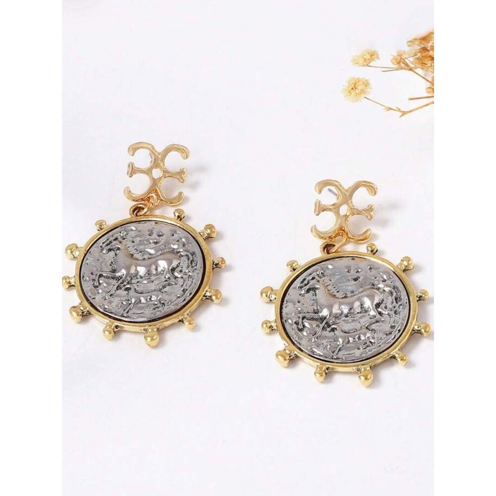 Equestrian Coin Statement Earrings Stainless Steel Gold Horse Medallion - Picture 6 of 7